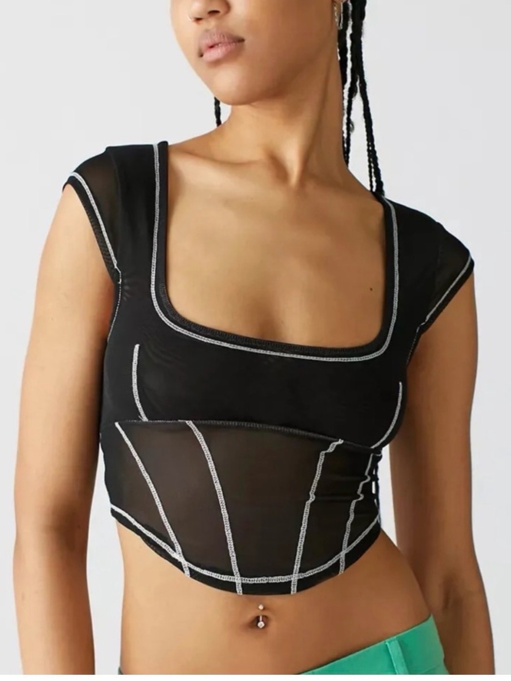 Urban Outfitters Black Mesh Contrast-Stitch Crop Top